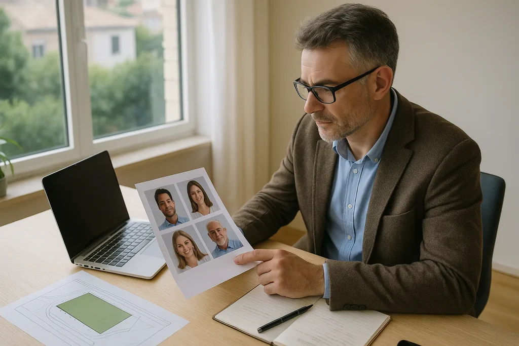 Propietario revisando perfiles de compradores para un terreno con plano y notas sobre la mesa