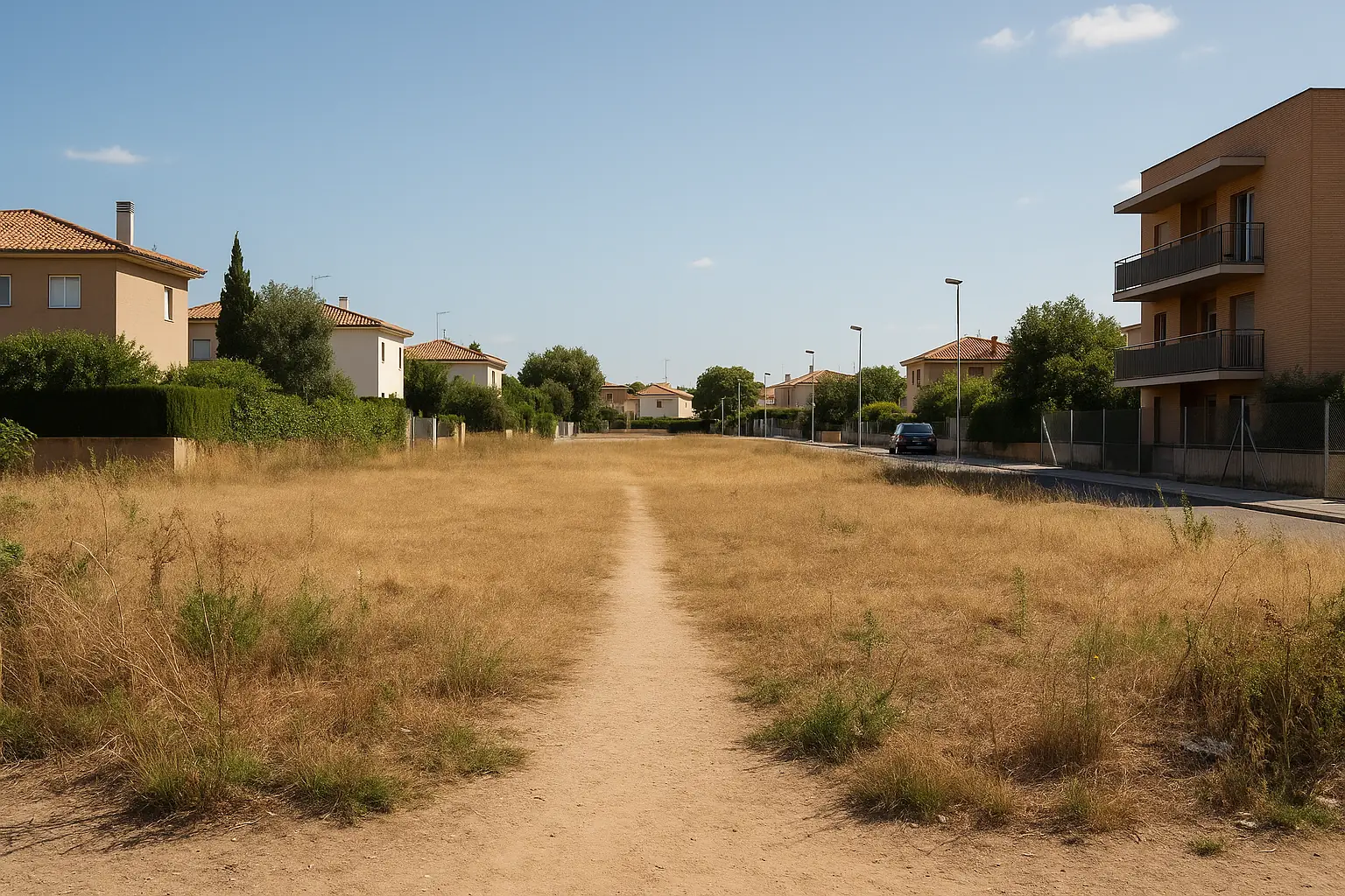 Acceso claro a un terreno con camino limpio, entorno visible y referencias de ubicación