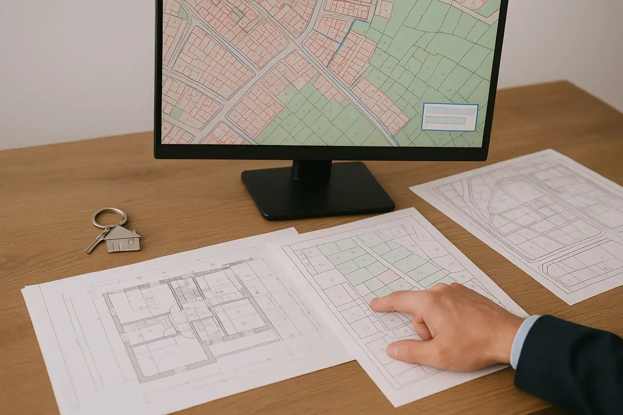Mapa parcelario y consulta catastral de un terreno en pantalla junto a planos impresos