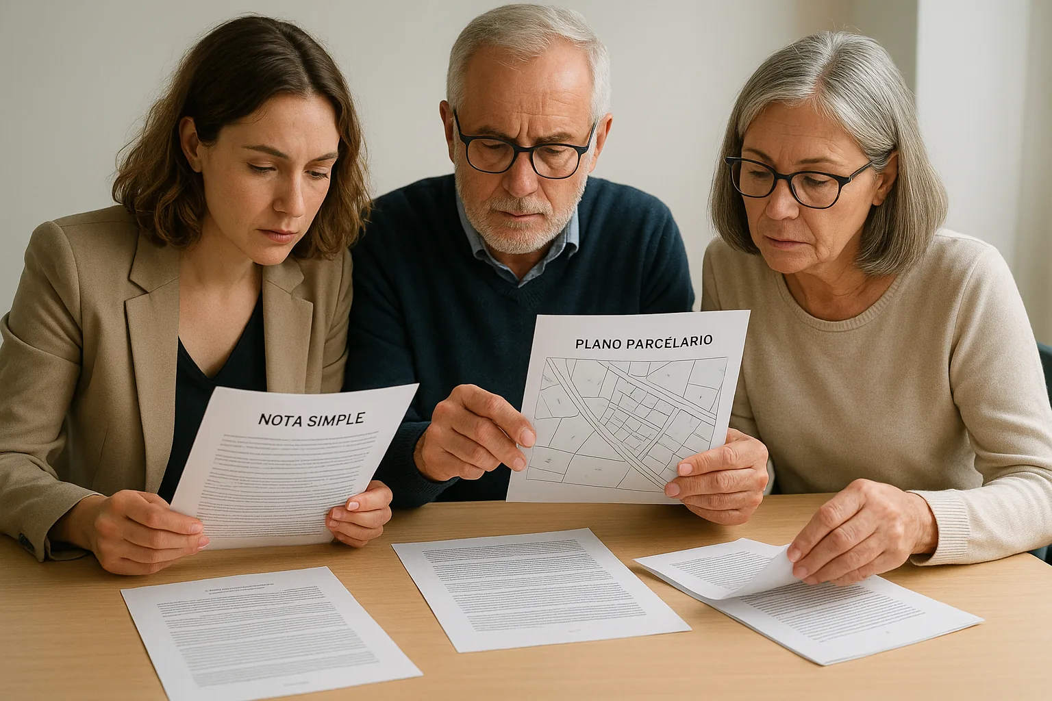 Varios herederos revisando documentos y planos para vender un terreno heredado