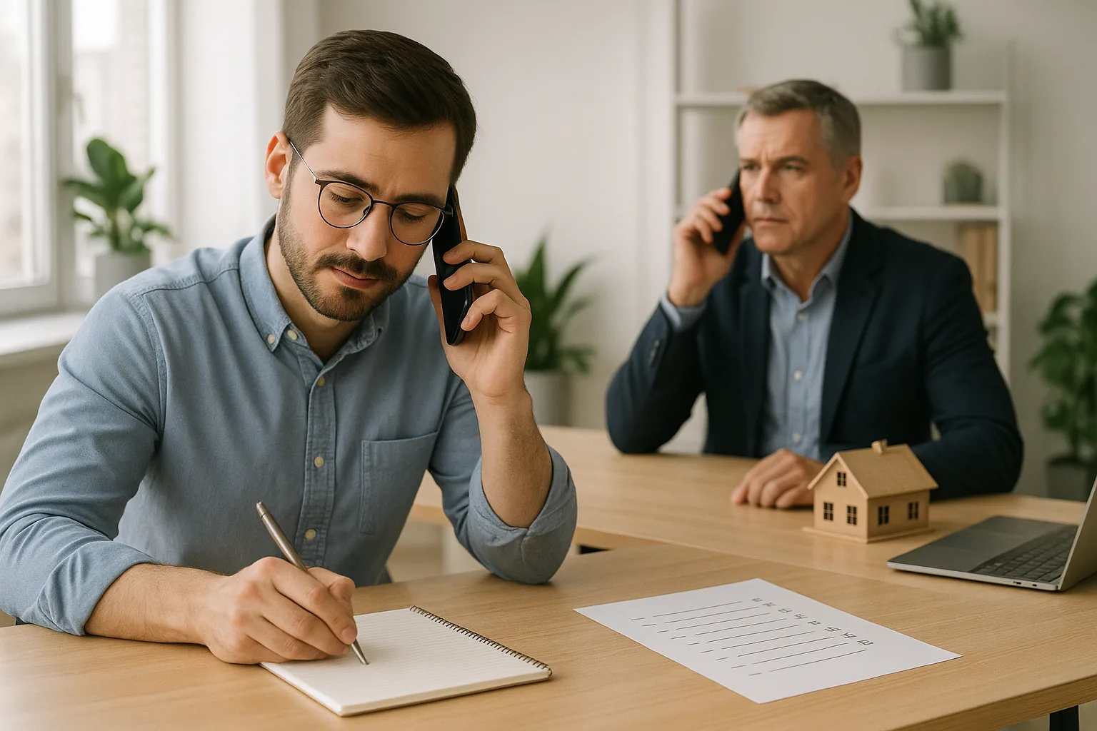 Propietario tomando notas durante una llamada para filtrar compradores de un terreno con una checklist