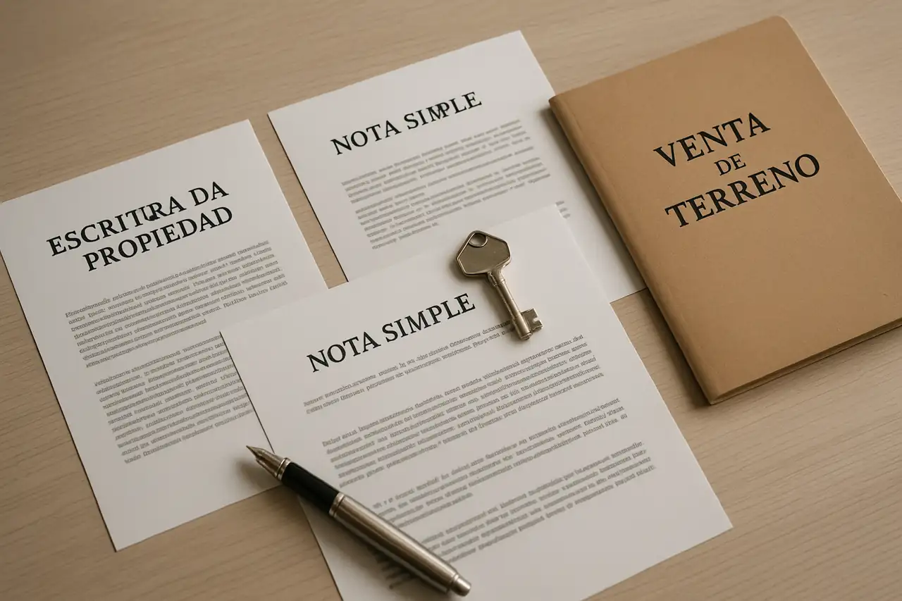 Escritura y nota simple de un terreno sobre una mesa listas para revisión