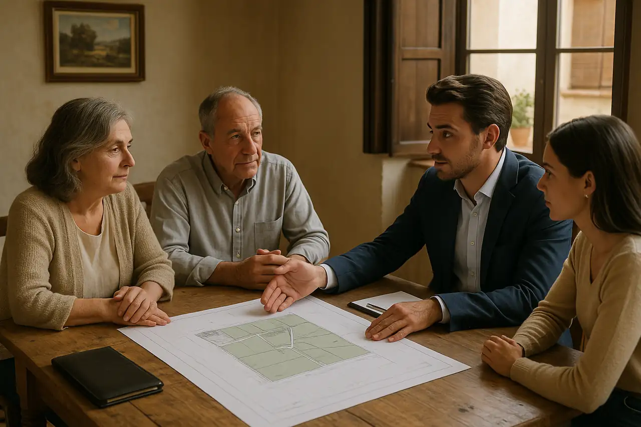 Reunión tranquila entre varios propietarios decidiendo cómo vender un terreno