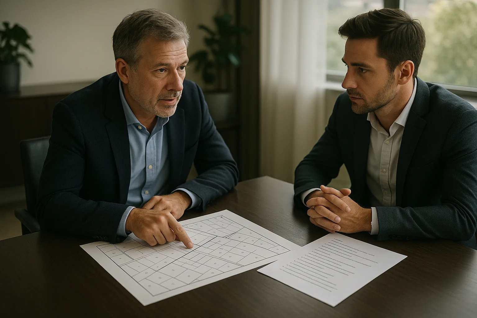 Reunión entre propietario y posible comprador de un terreno con plano y lista de preguntas en la mesa