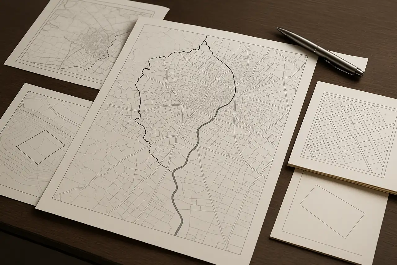 Planos catastrales y superficies de un terreno comparados antes de aceptar una oferta