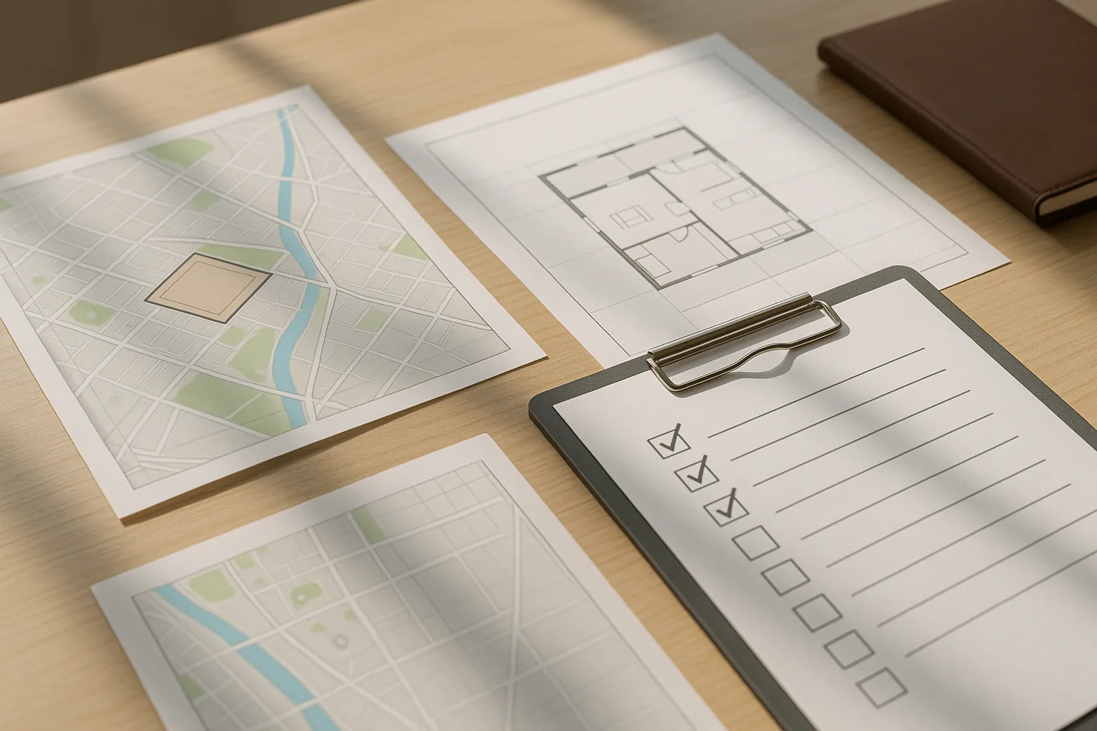 Checklist, plano y mapa sobre una mesa para evaluar la seriedad de compradores de un terreno