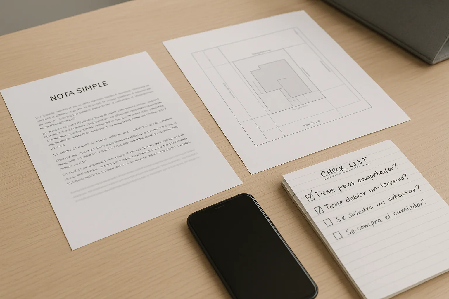 Documentación de venta de un terreno con checklist de preguntas, nota simple y plano sobre un escritorio