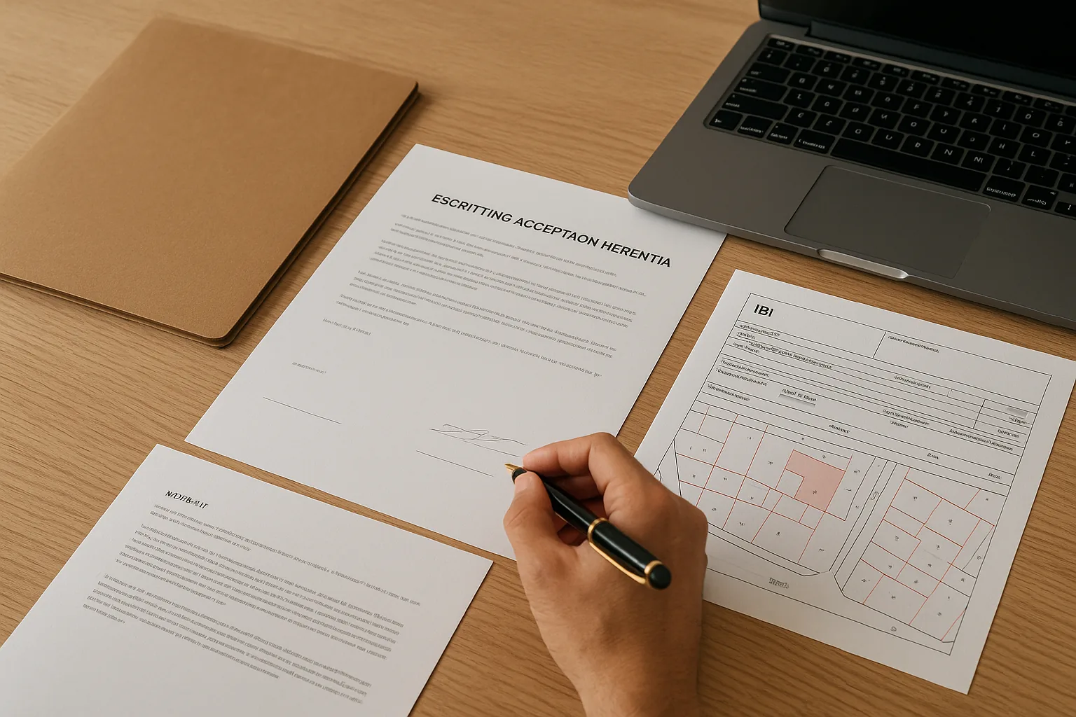 Escritura, nota simple, catastro y documentos de herencia sobre una mesa de trabajo