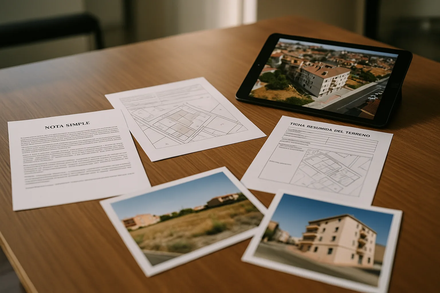 Mesa con ficha del terreno, plano catastral, nota simple y fotografías ordenadas para su venta