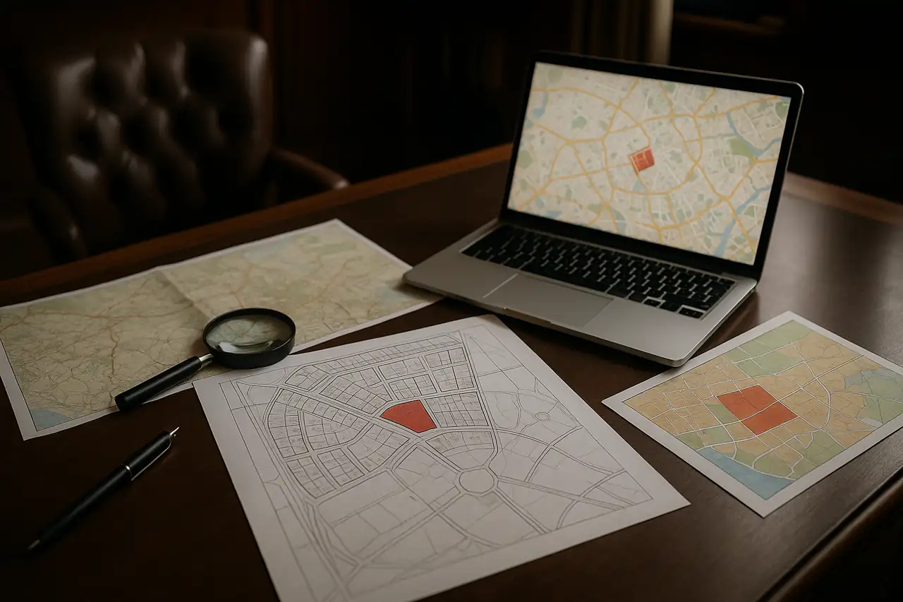 Mesa con mapa, planos y análisis de zona para valorar un terreno