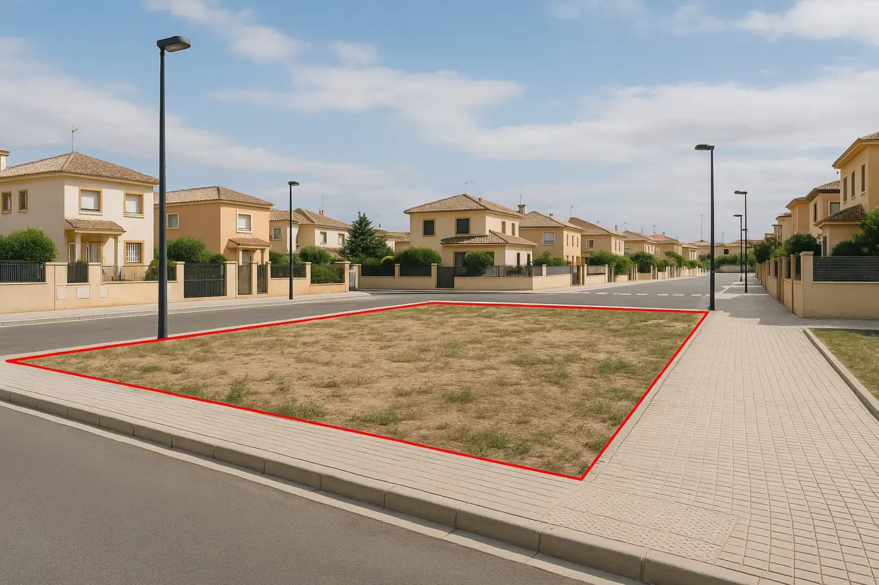 Parcela urbana delimitada en entorno residencial con calles y servicios