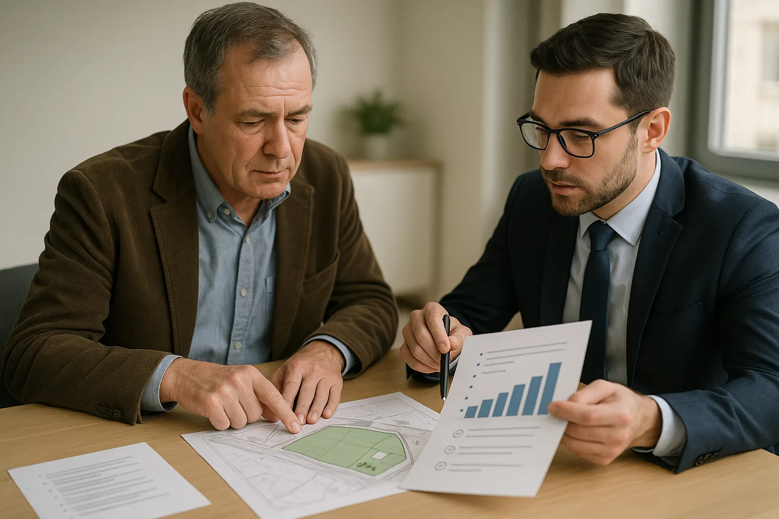 Propietario y asesor revisando ofertas y estrategia de venta de un terreno en una reunión
