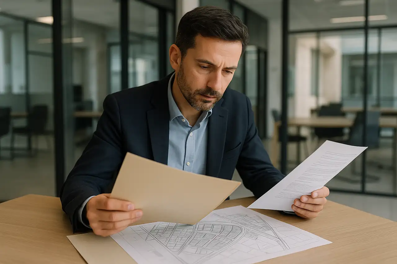 Profesional revisando información urbanística de un terreno en un entorno administrativo moderno