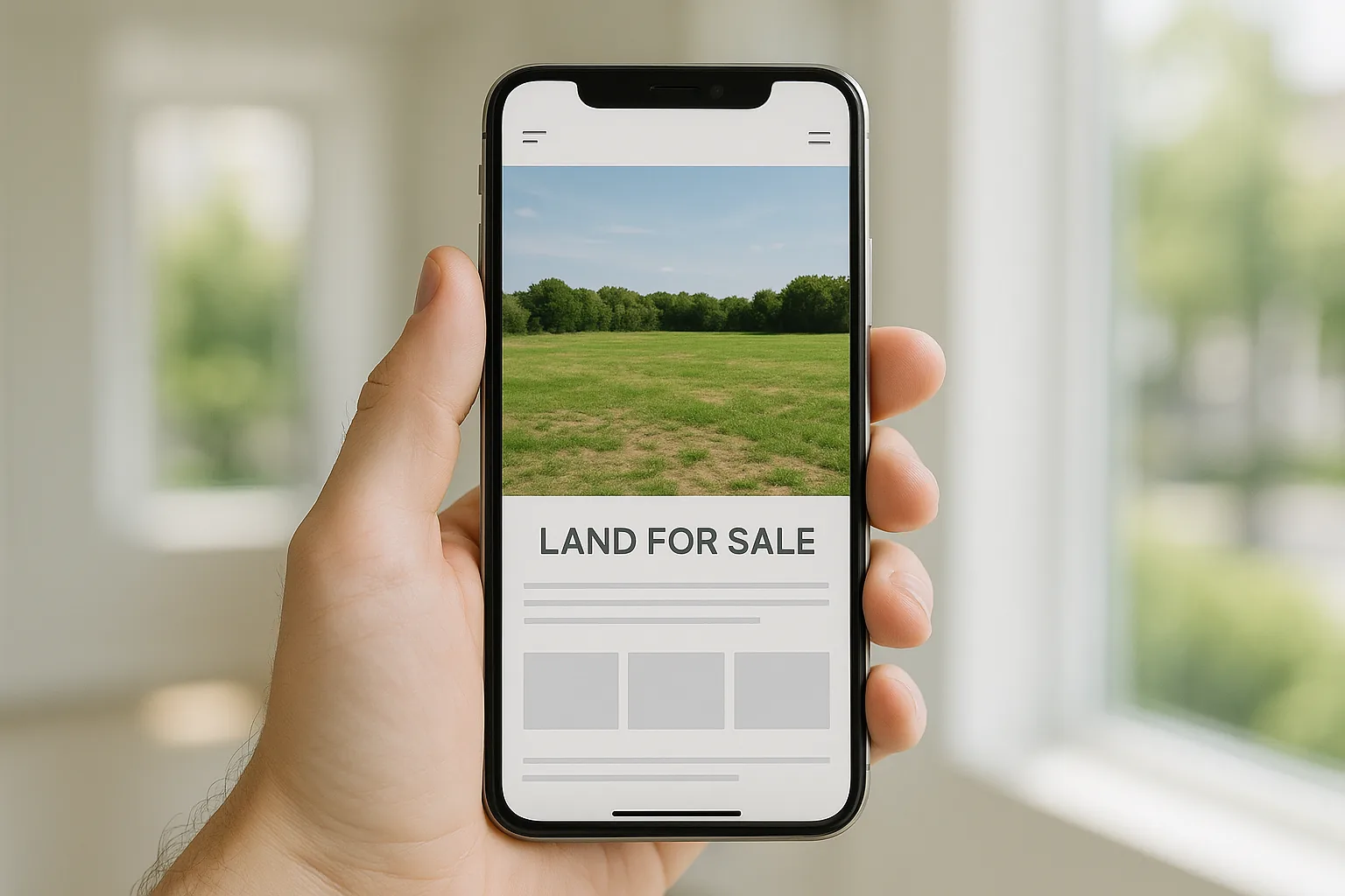 Persona revisando desde el móvil un anuncio claro de suelo con precio y datos resumidos