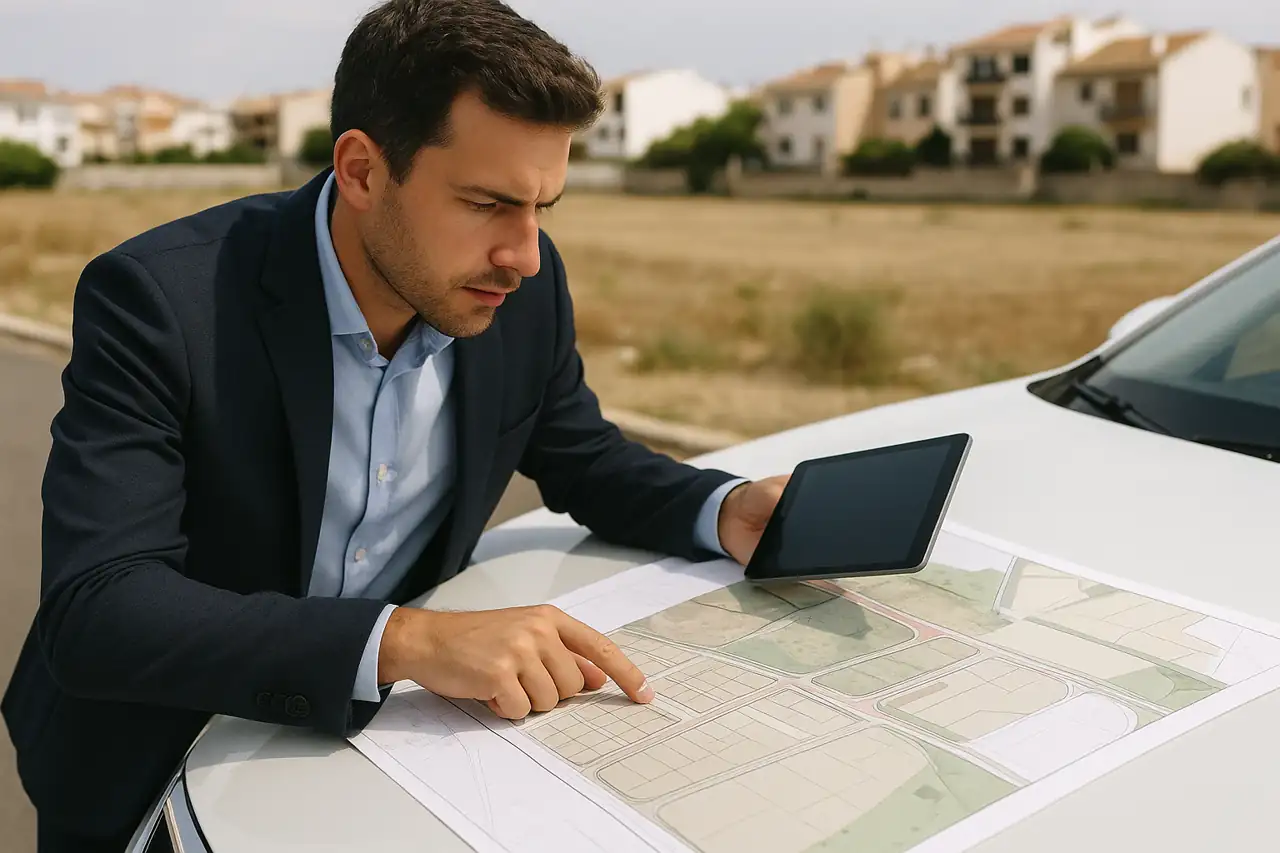 Comprador revisando ubicación, accesos y servicios de un terreno antes de hacer oferta