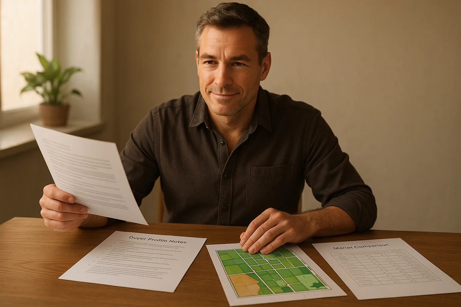 Propietario revisando documentación y comparables de mercado antes de decidir el precio de un terreno