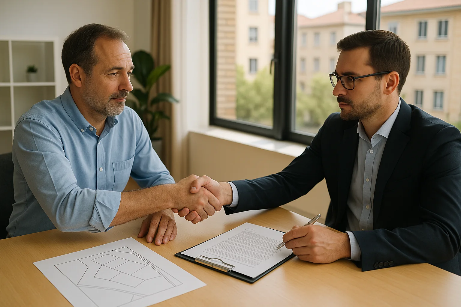 Negociación entre propietario y comprador serio de un terreno con documentos y plano sobre la mesa