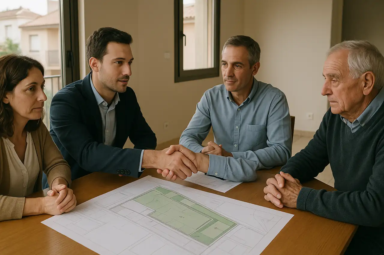 Negociación inmobiliaria con varios propietarios presentes y comprador interesado