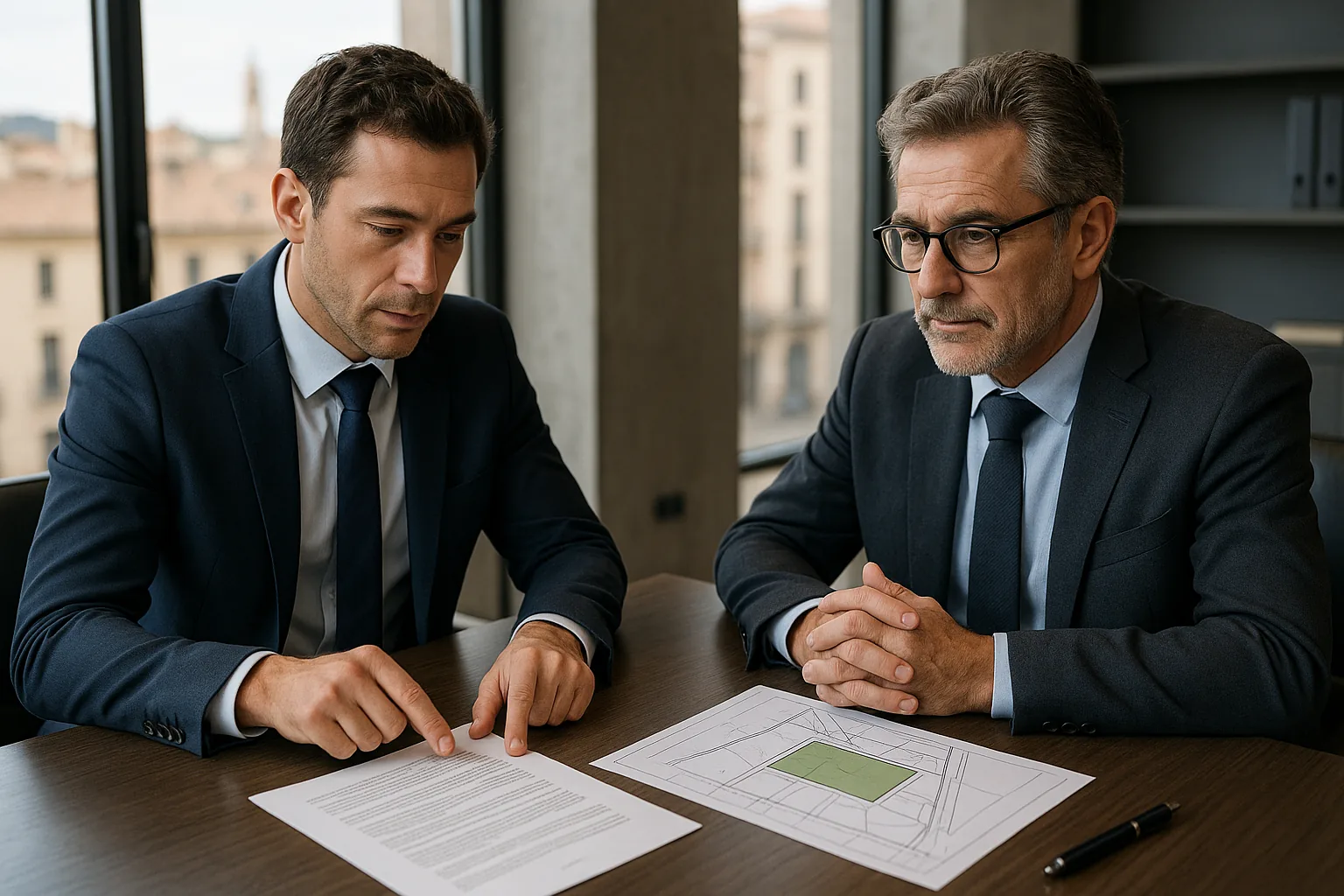 Negociación final para la venta de un terreno con comprador y propietario revisando condiciones en un despacho
