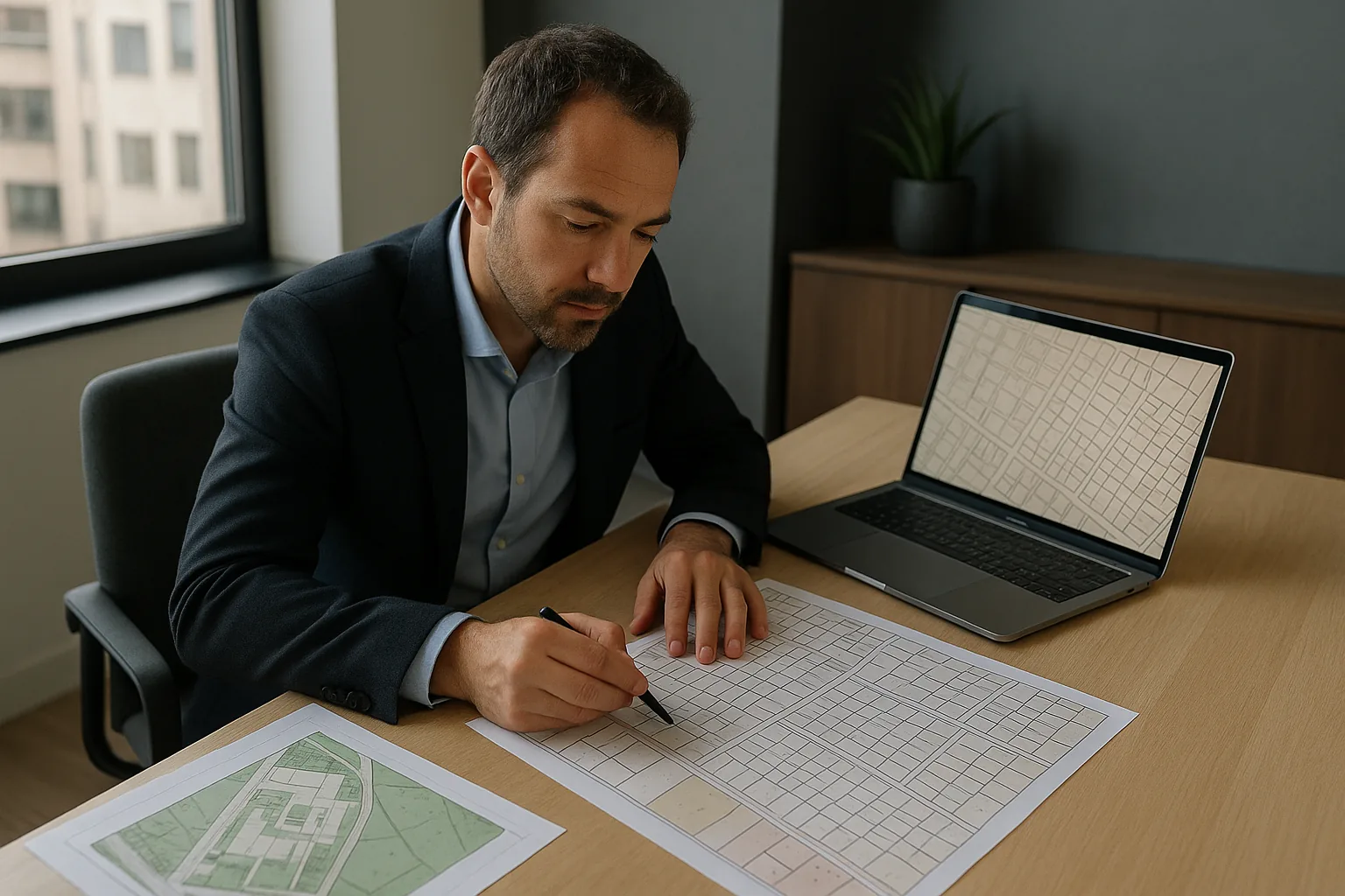 Técnico revisando registro y catastro de un terreno heredado con plano y ordenador