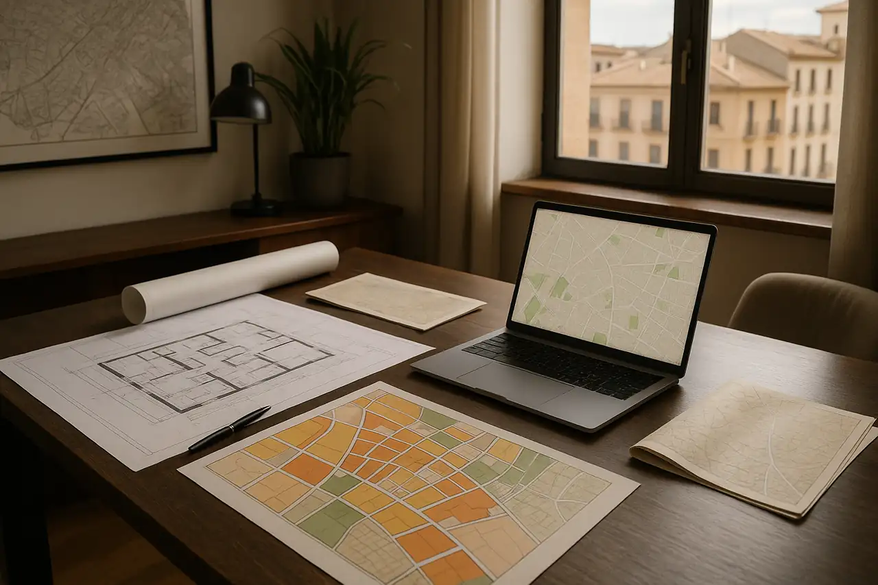 Mesa de trabajo con planos y análisis de suelo para una operación inmobiliaria