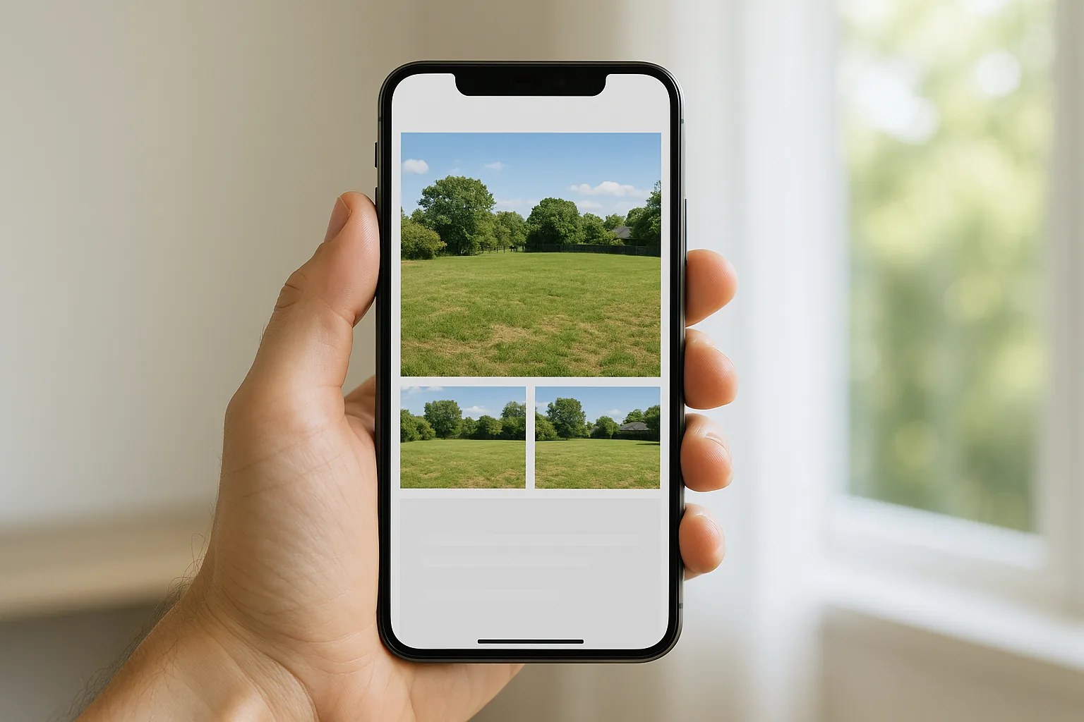 Persona revisando en móvil un anuncio claro y visual de un terreno con fotos y datos clave
