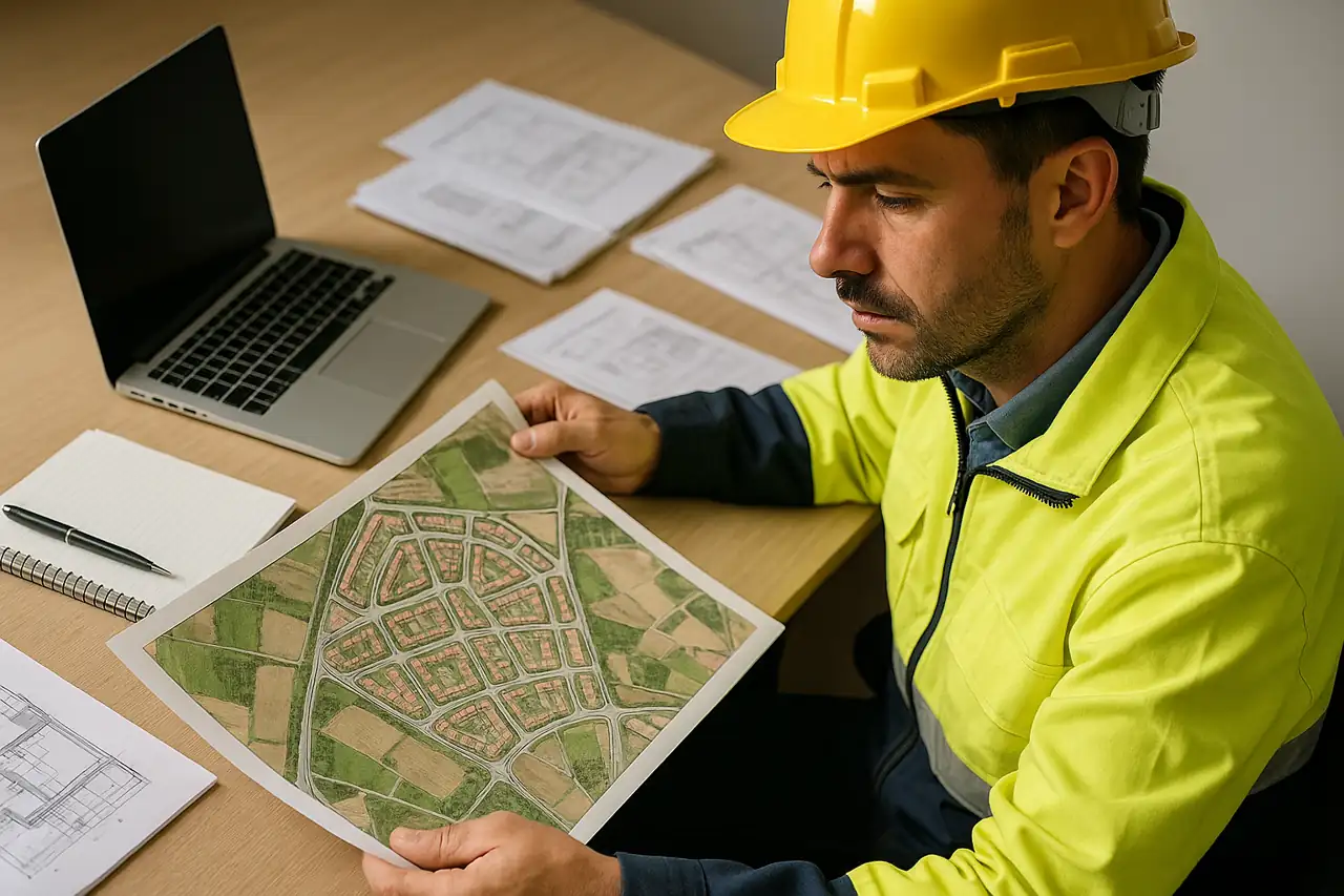 Plano urbanístico y documentación técnica del terreno revisados antes de aceptar una oferta