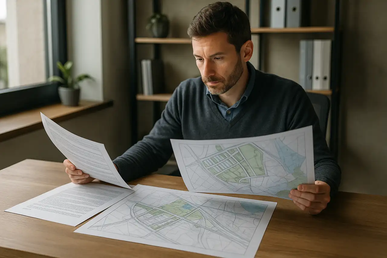 Técnico revisando planos y normativa urbanística de una parcela antes de venderla