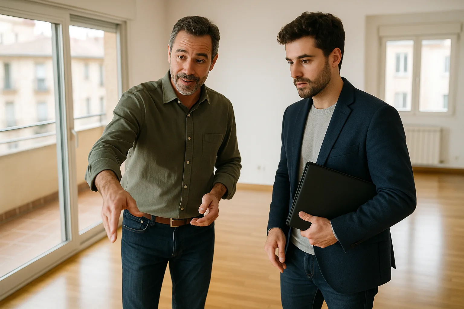 Propietario y comprador revisando sobre el terreno datos y argumentos que justifican el precio de venta