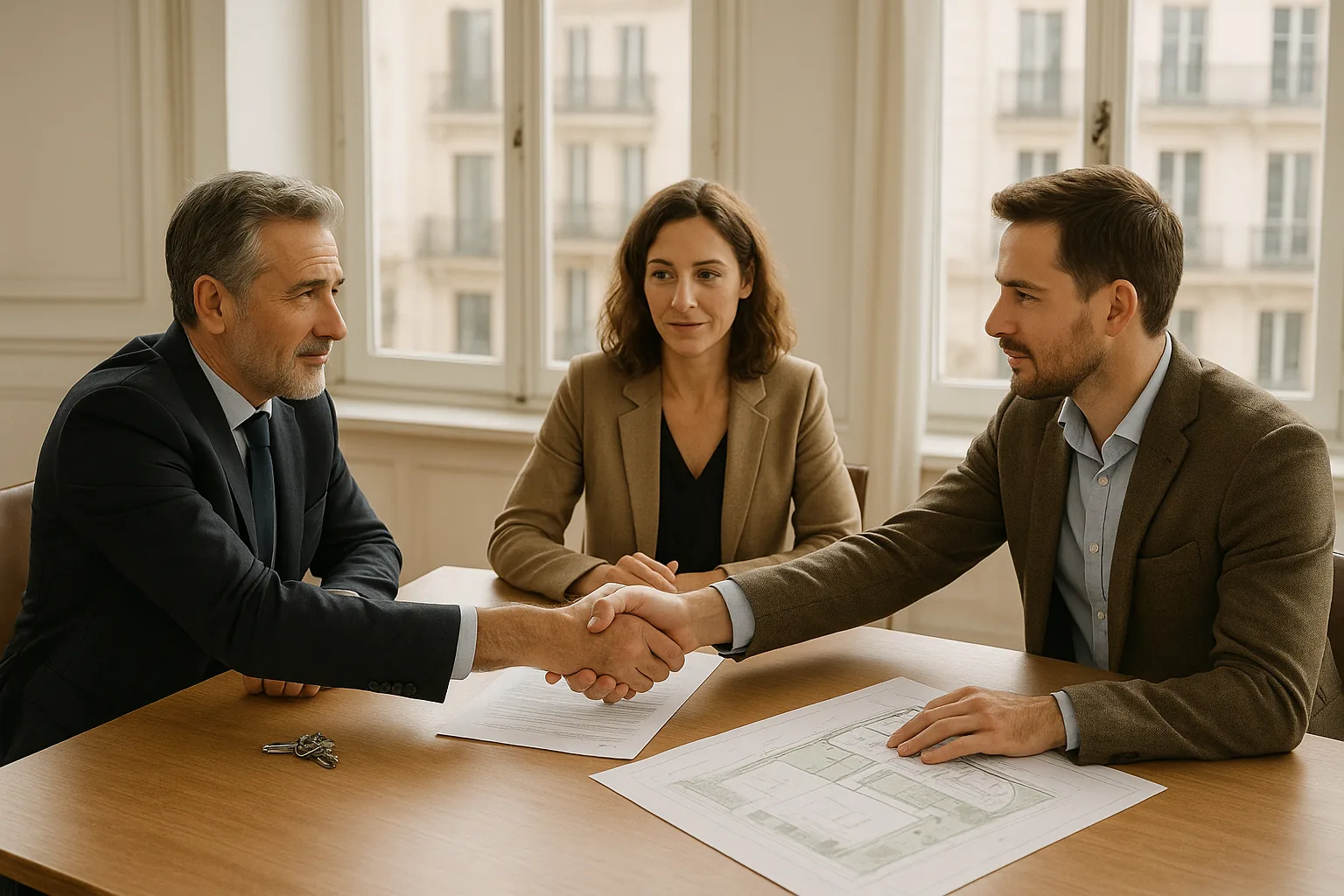 Negociación profesional para la venta de un terreno heredado con documentos sobre la mesa