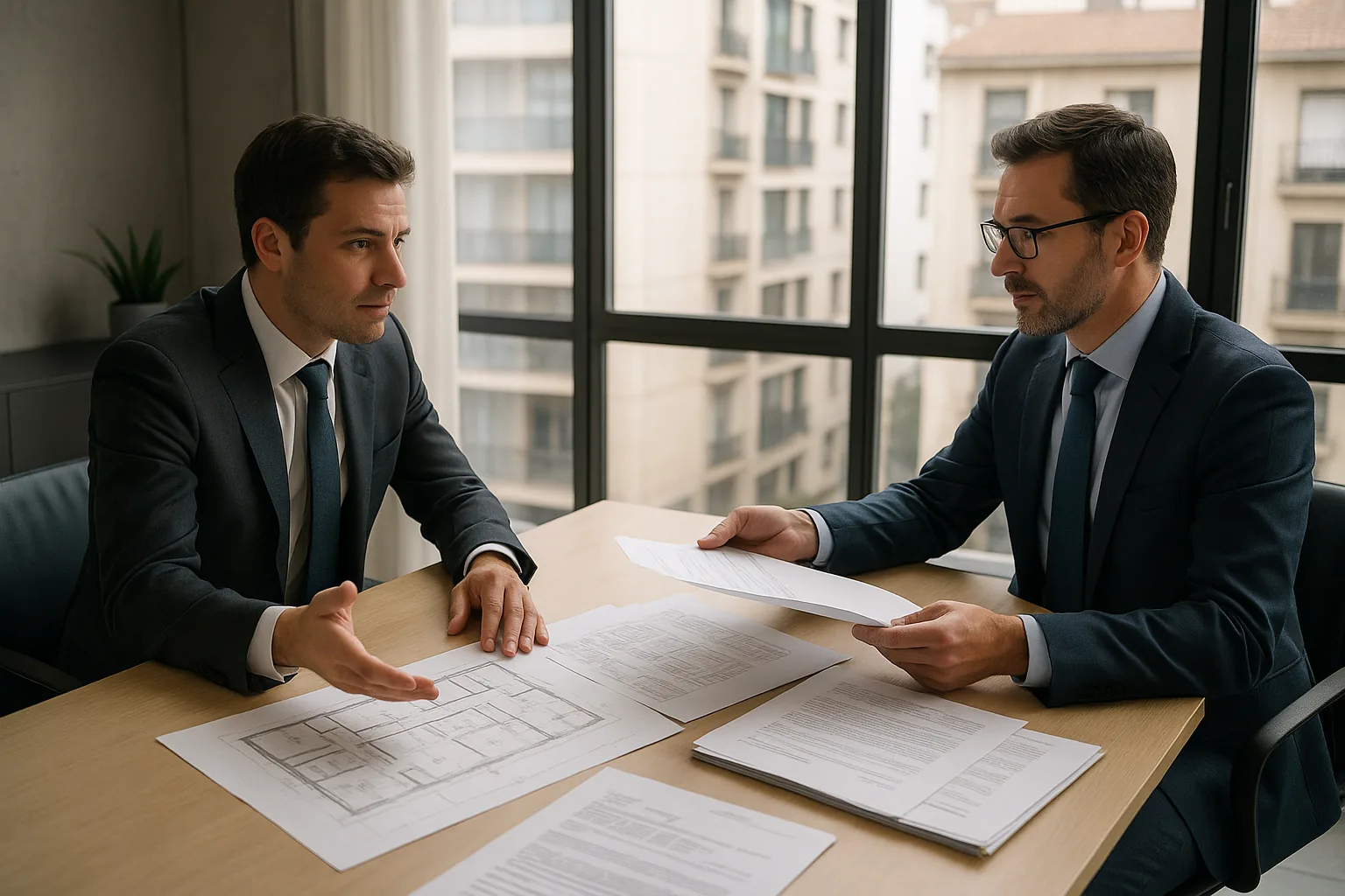 Negociación entre vendedor y comprador de un suelo con documentación y planos sobre la mesa