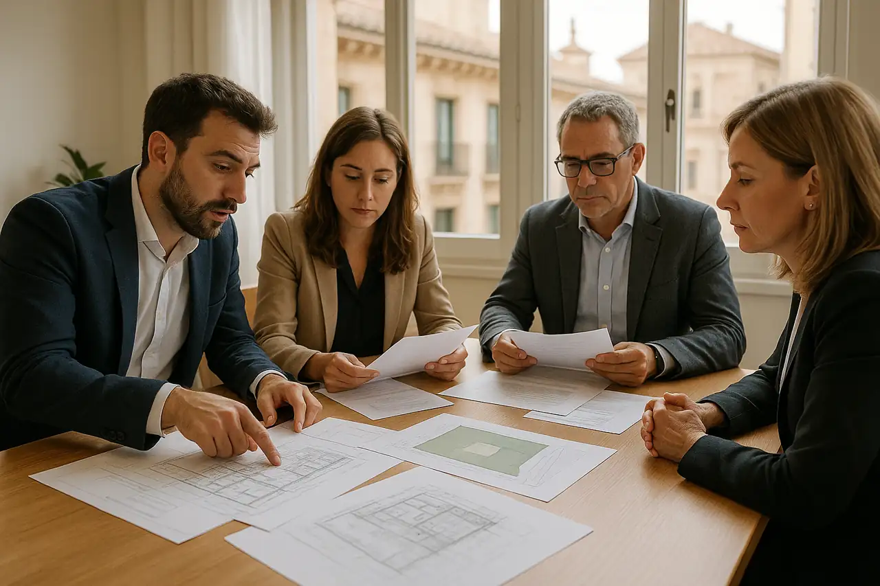 Reunión profesional para revisar la documentación antes de aceptar una oferta por un terreno