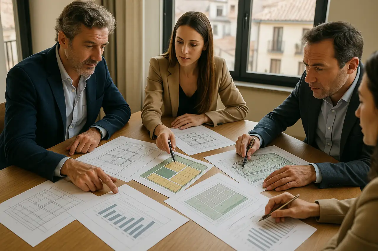 Reunión profesional analizando qué tipo de comprador encaja con un terreno o solar