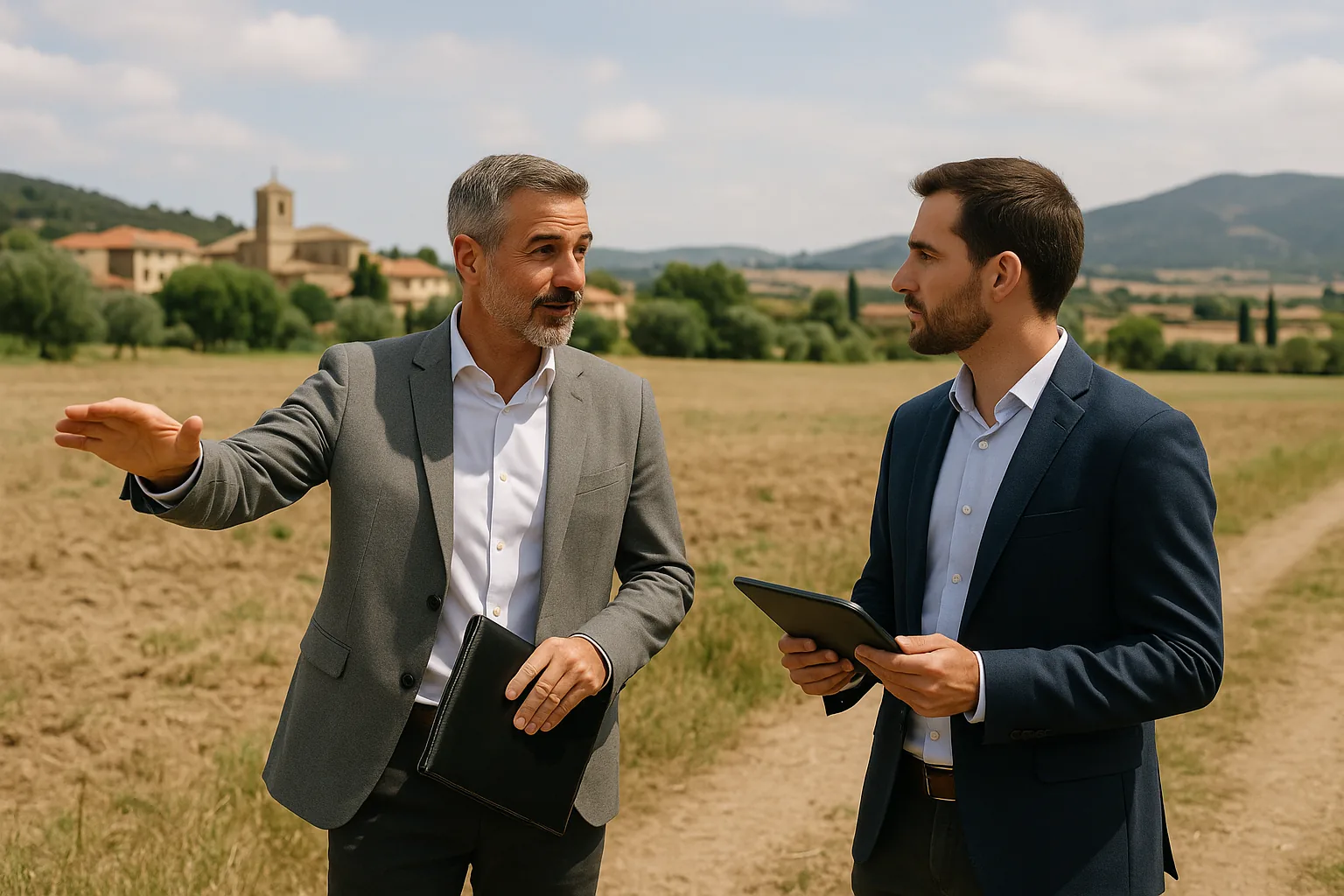 Propietario mostrando un terreno a un comprador con actitud profesional y documentación preparada