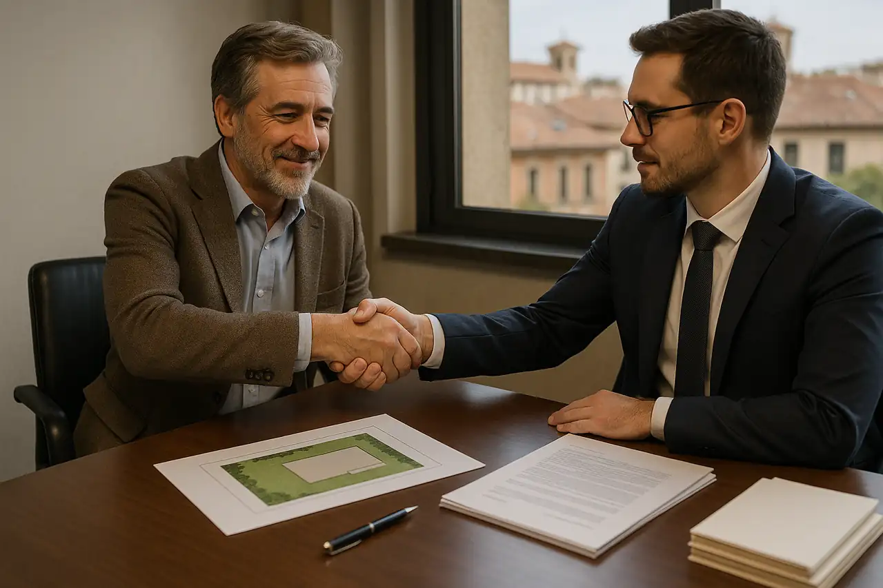 Propietario y comprador cerrando una venta de terreno con documentación clara y ordenada