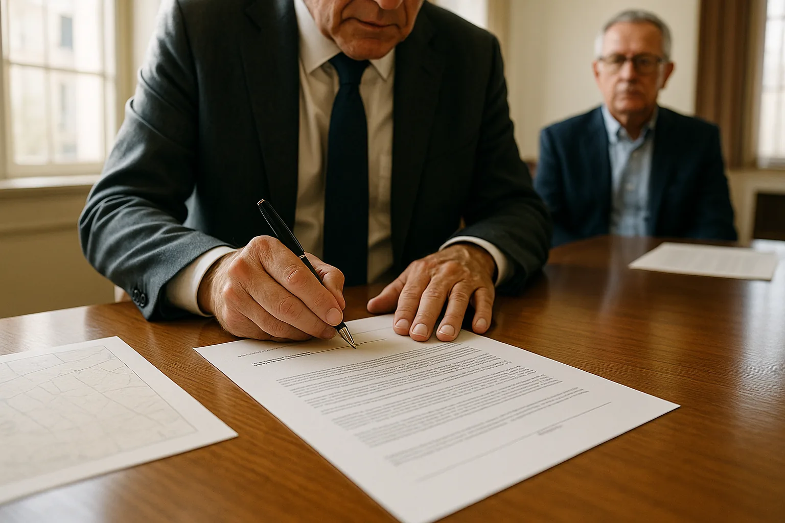 Firma en notaría para cerrar la venta de un terreno heredado