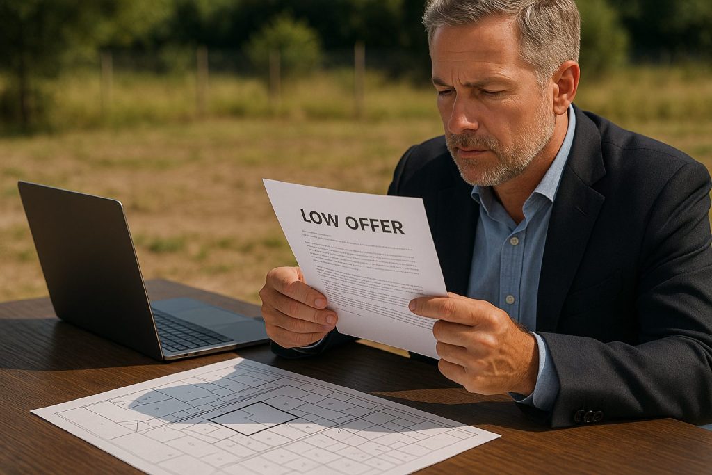 Negociación ante una oferta baja por un terreno con planos y documentación sobre la mesa